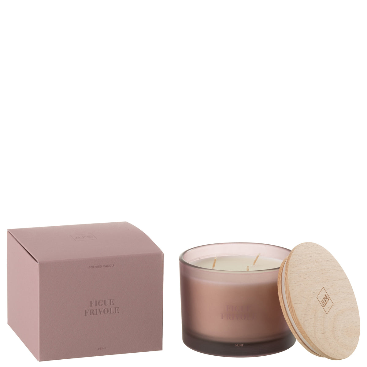 Geurkaars Accords Essentiels Figue Frivole 28 Uur van J-Line, paarse glazen pot met houten deksel naast de geschenkdoos