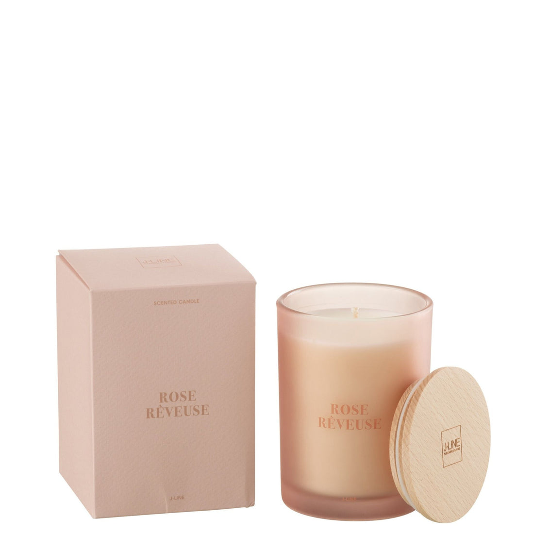 Geurkaars Accords Essentiels Rose Rêveuse 38 Uur van J-Line, roze glazen pot met houten deksel naast de geschenkdoos