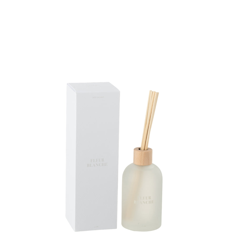 Geurstokjes Accords Essentiels Fleur Blanche 250ml van J-Line, witte glazen fles met geurstokjes naast de geschenkdoos