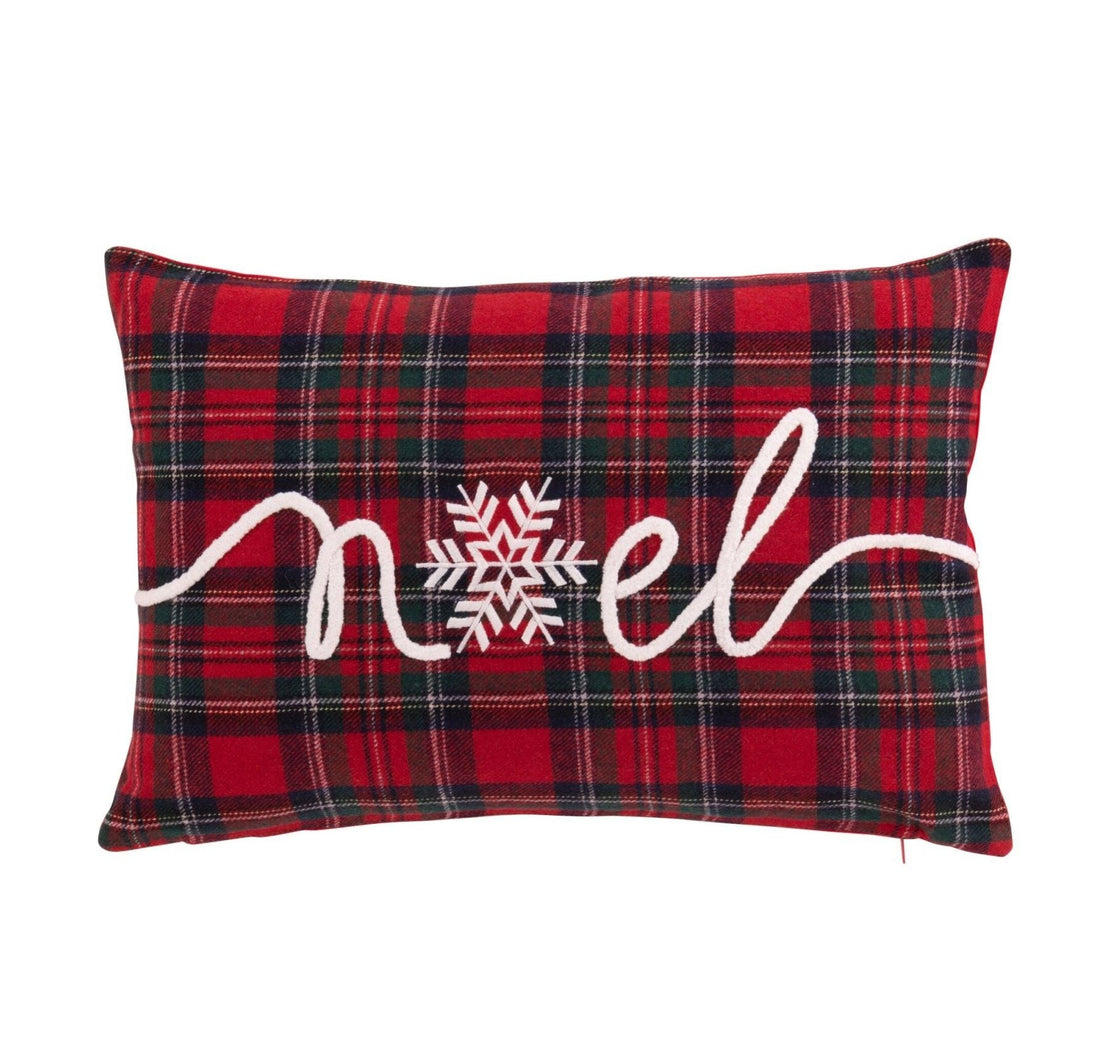 Kussen Noel van J-Line, rood geruit kussen van 45x30 cm met Noel in wit borduursel