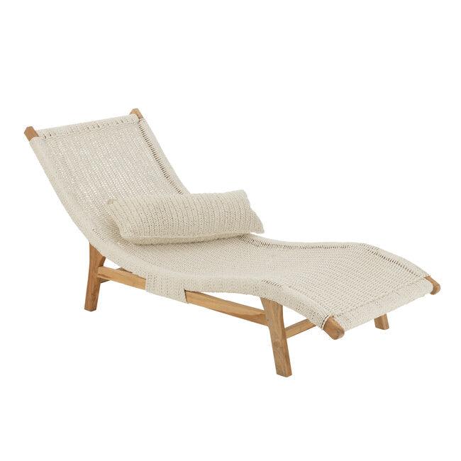 Ligstoel + Kussen Geweven Plastiek/Teak Wit - Ligbed - J-Line - livinglovely.nl