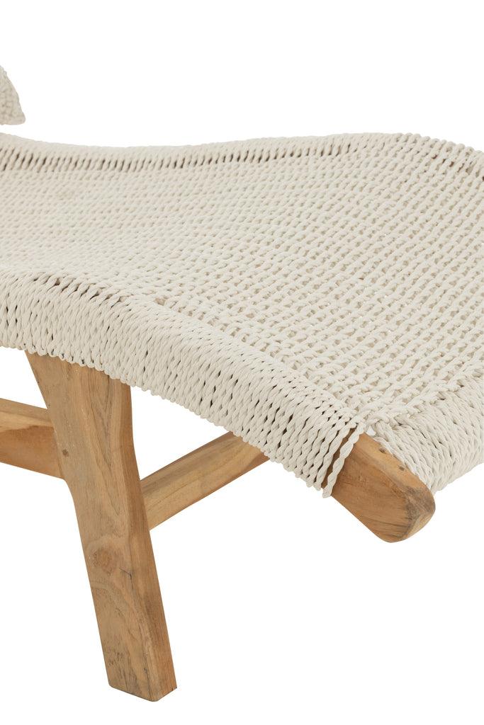 Ligstoel + Kussen Geweven Plastiek/Teak Wit - Ligbed - J-Line - livinglovely.nl