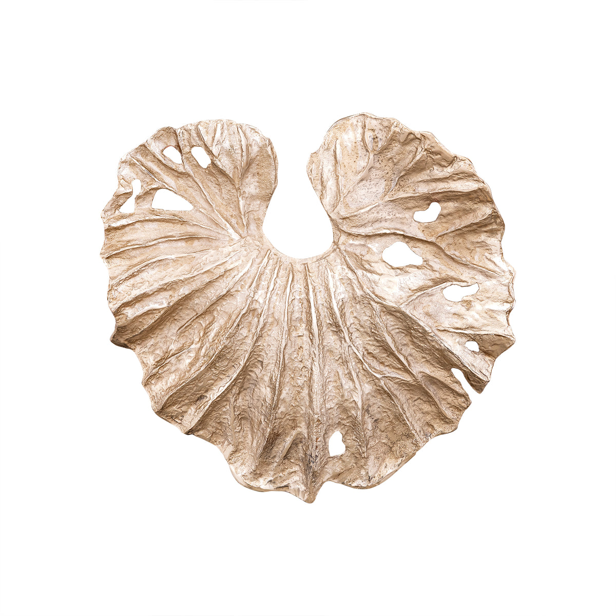 Merial Wandpaneel Lotusblad Medium van PTMD, vooraanzicht van het wandpaneel in champagne gegoten aluminium op wit