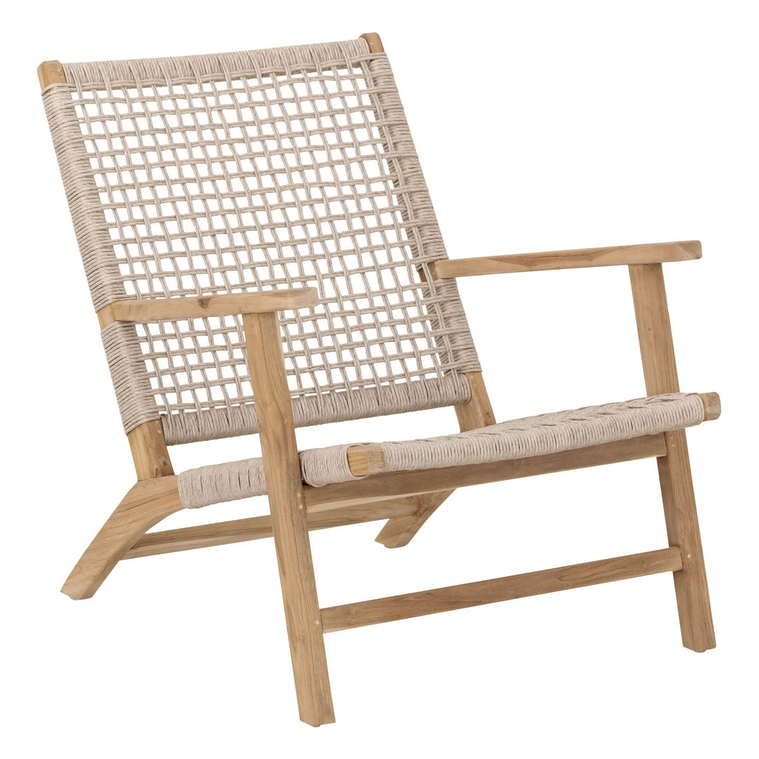Outdoor fauteuil William van MUST Living schuin van voren, teakhouten frame met hoge gevlochten rug