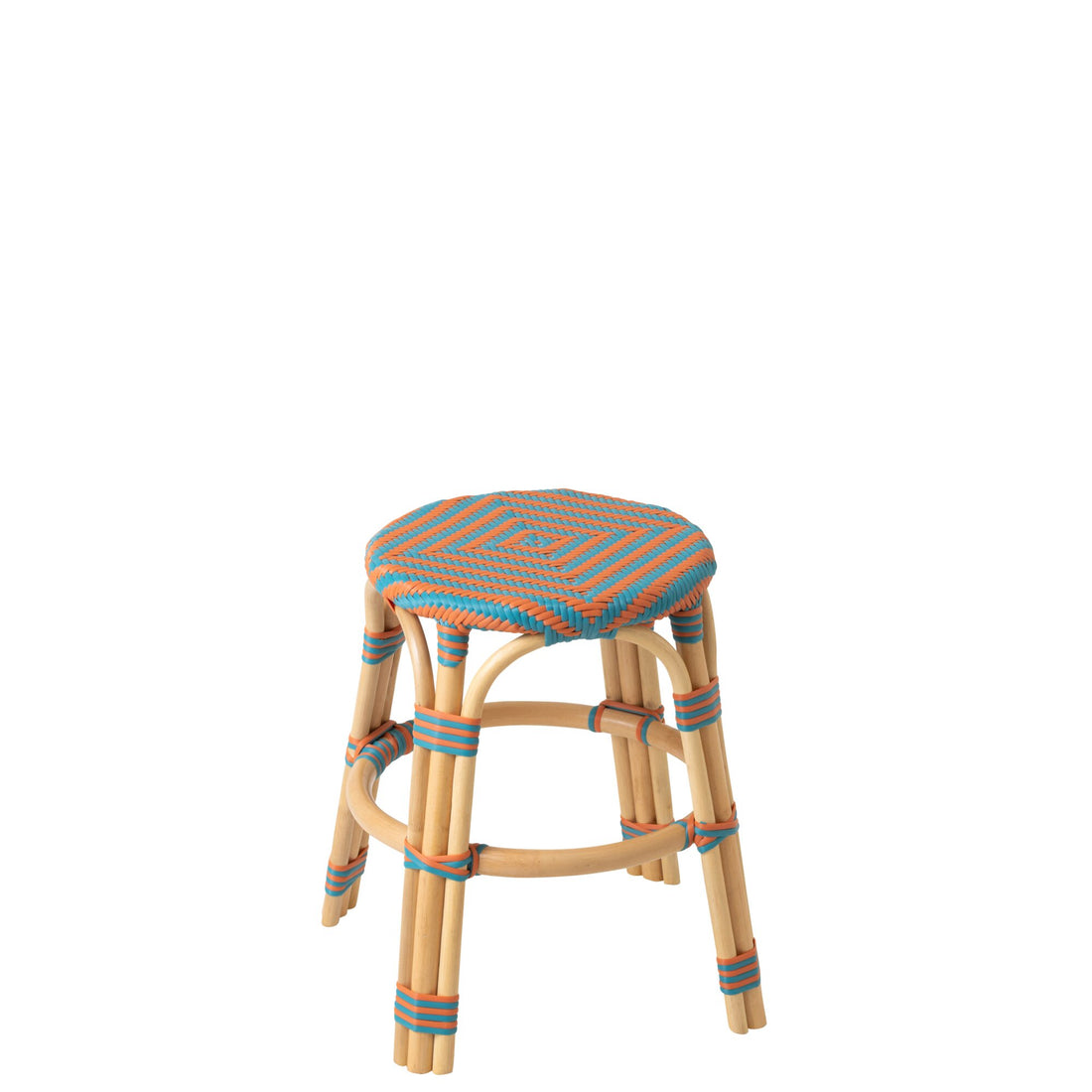 Udendørs skammel Geo rund, rattan, orange/turkis – J-Line