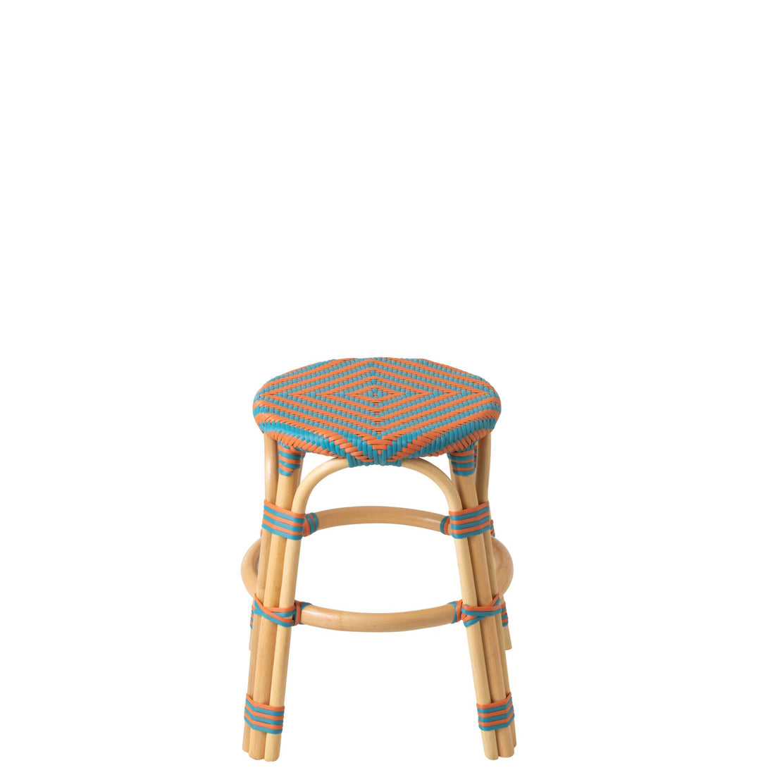 Udendørs skammel Geo rund, rattan, orange/turkis – J-Line