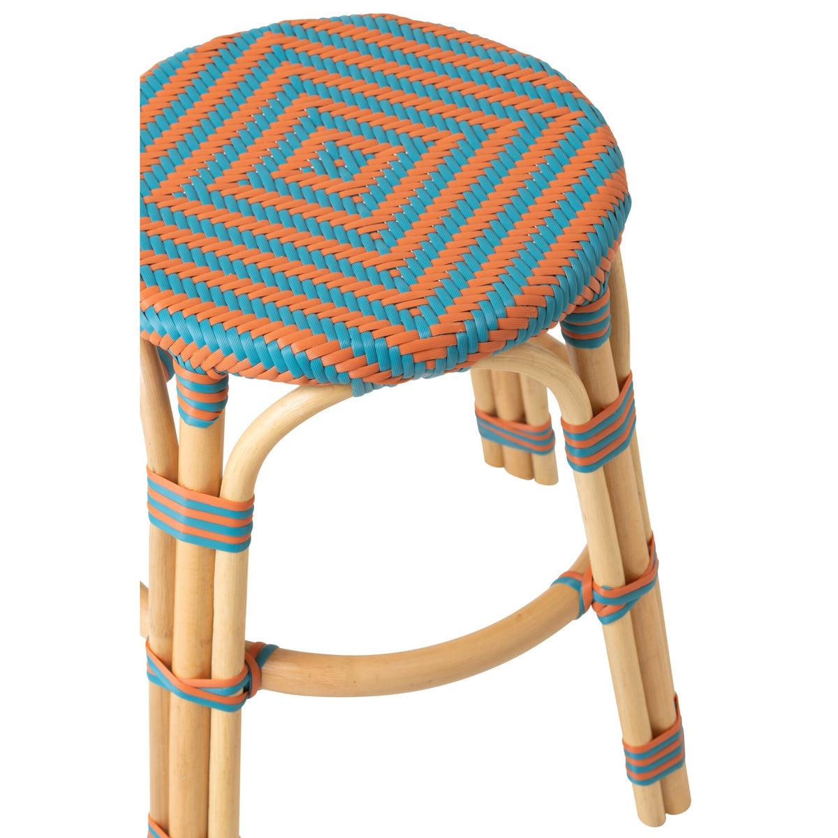 Udendørs skammel Geo rund, rattan, orange/turkis – J-Line