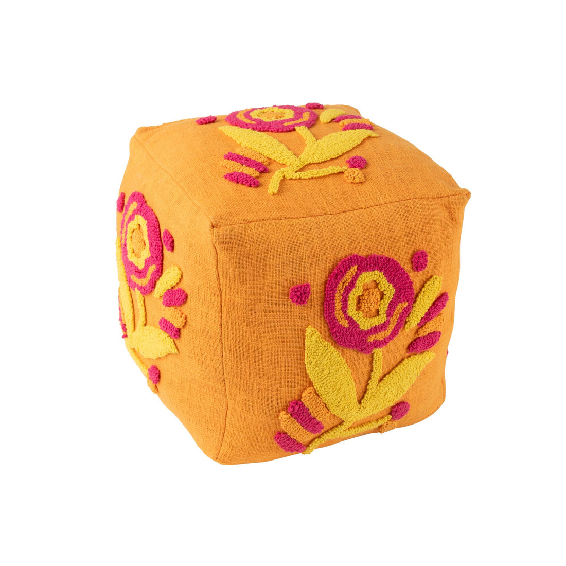 Puf, firkantet, blomstret, bomuld, orange/rosa/gul, J-Line