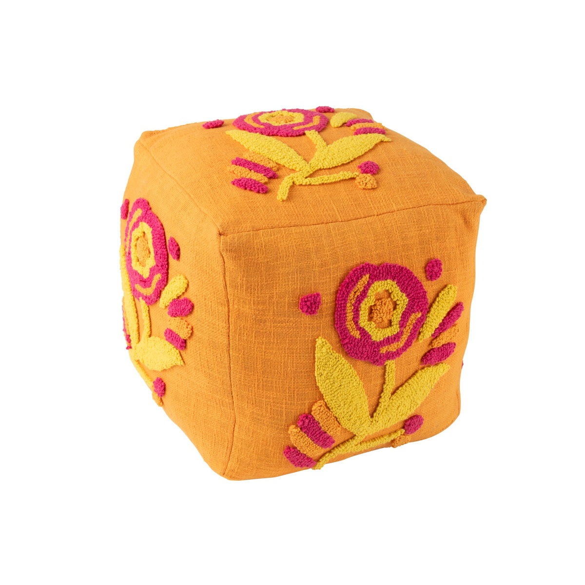 Puf, firkantet, blomstret, bomuld, orange/rosa/gul, J-Line