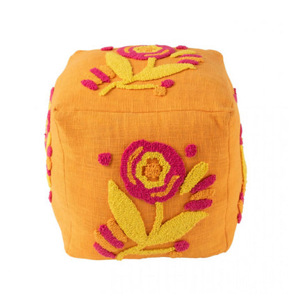 Puf, firkantet, blomstret, bomuld, orange/rosa/gul, J-Line