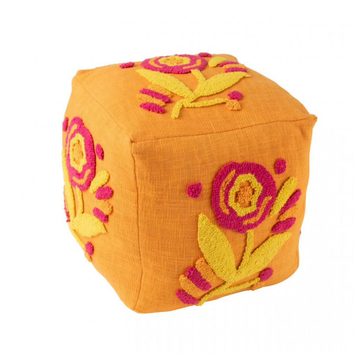 Puf, firkantet, blomstret, bomuld, orange/rosa/gul, J-Line