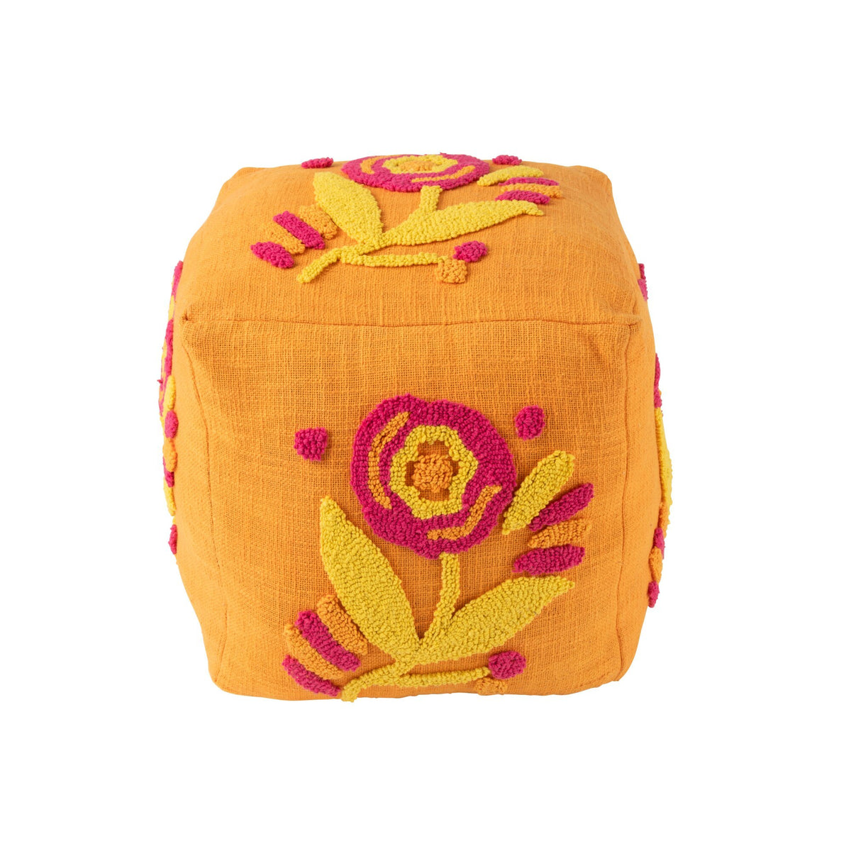 Puf, firkantet, blomstret, bomuld, orange/rosa/gul, J-Line