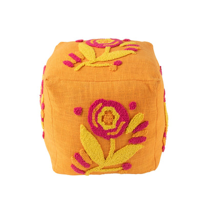 Puf, firkantet, blomstret, bomuld, orange/rosa/gul, J-Line