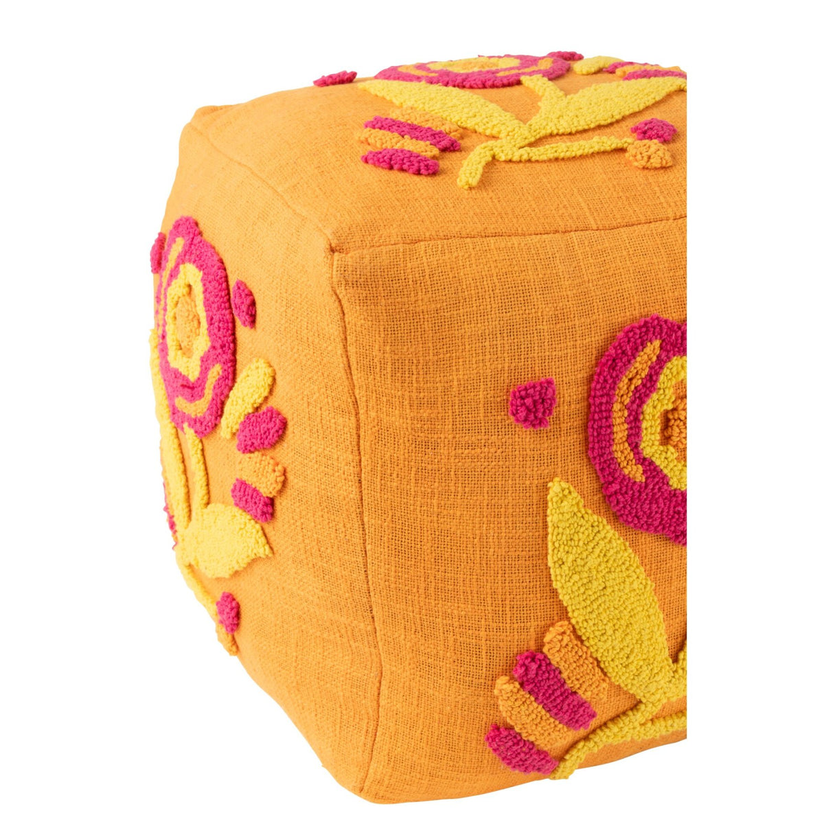 Puf, firkantet, blomstret, bomuld, orange/rosa/gul, J-Line