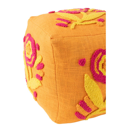 Puf, firkantet, blomstret, bomuld, orange/rosa/gul, J-Line