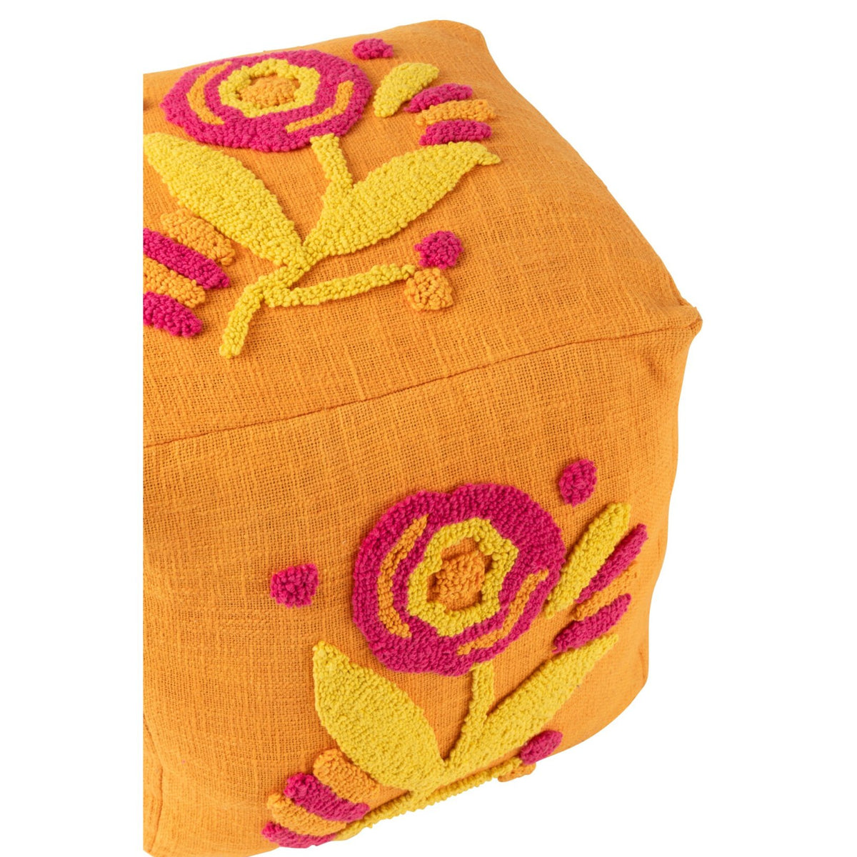 Puf, firkantet, blomstret, bomuld, orange/rosa/gul, J-Line