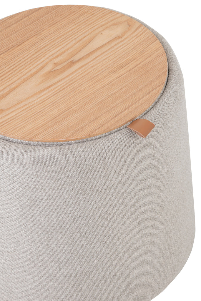 Poef/Bijzettafel Rond Textiel/Hout Beige - Poef - J-Line - livinglovely.nl