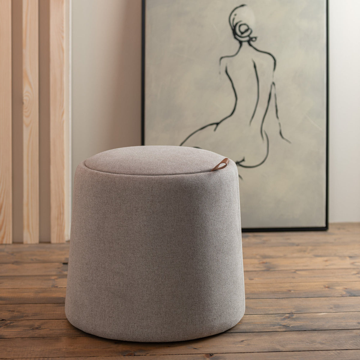 Poef/Bijzettafel Rond Textiel/Hout Beige - Poef - J-Line - livinglovely.nl