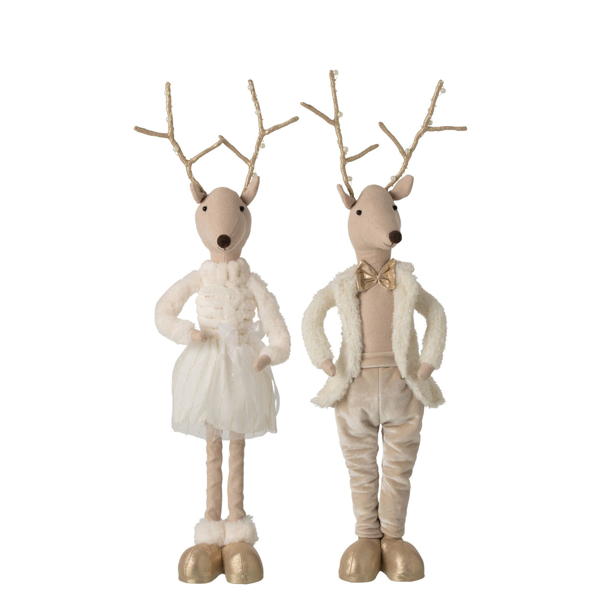 Rensdyrdekoration i polyester, guld/beige, H 66 cm, sæt med 2, J-Line