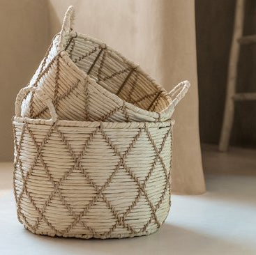 Sæt med 3 runde kurve med håndtag i ternet natur-/beige papir – J-Line