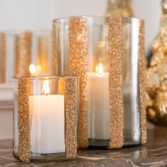 Sæt med 3 vindlys Lea, cylinderformede, i stribet glas, guld, J-Line