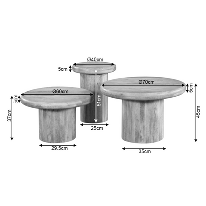 Zijaanzicht van de ronde Maya salontafels van Starfurn, 45 cm hoog
