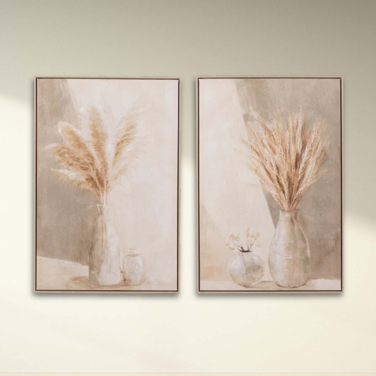 Painting Vase Pampas Canvas/Wood Beige Assortment Of 2 - Schilderij - J-Line - livinglovely.nl