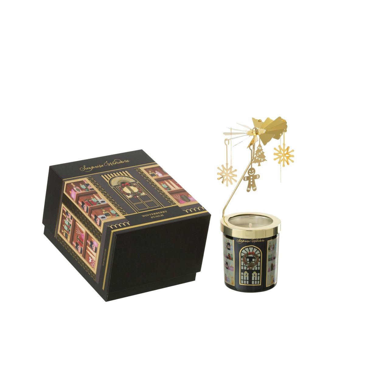 Geurkaars Carousel Surprise Window Zwart uit de set van J-Line, pot met goudkleurige carrousel