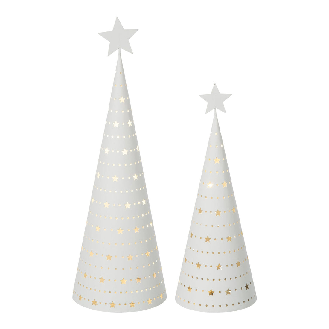 Set Van 2 Kerstbomen Led Ijzer Wit van J-Line, beide boompjes naast elkaar op witte achtergrond