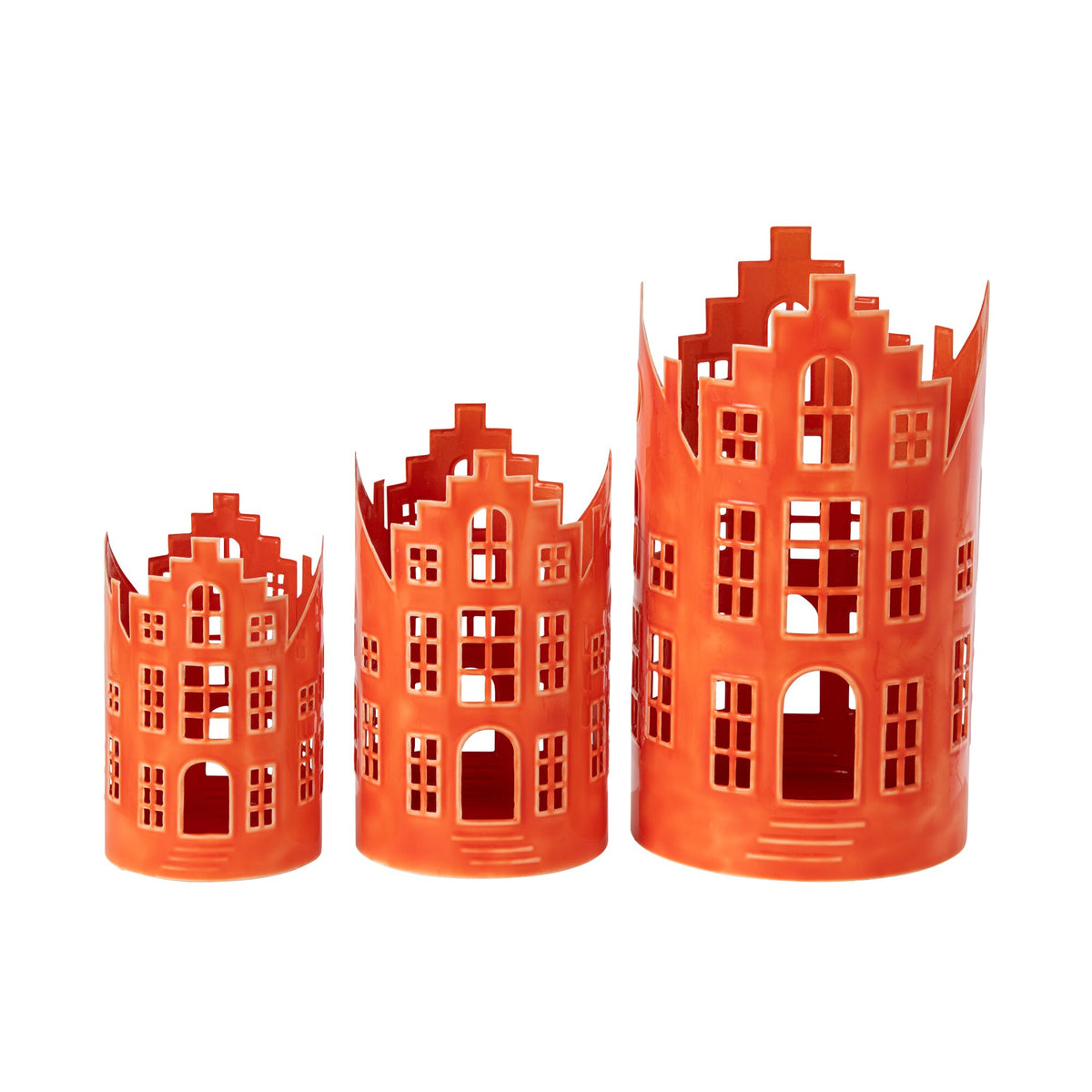 Sæt med 3 lanterner, husformet, af jern, orange – J-Line
