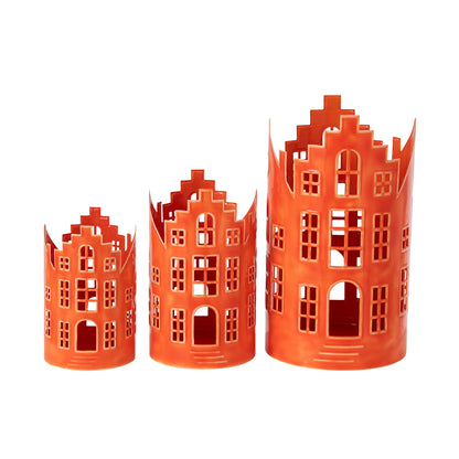 Sæt med 3 lanterner, husformet, af jern, orange – J-Line