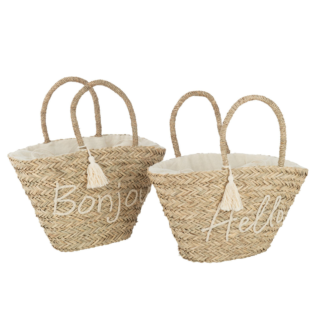 Strandtaske Bonjour/Hello med kvast i naturfarvet/hvid jute, sortiment med 2 modeller J-Line