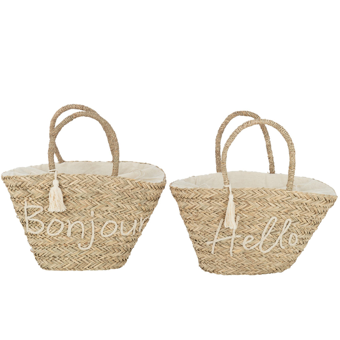 Strandtaske Bonjour/Hello med kvast i naturfarvet/hvid jute, sortiment med 2 modeller J-Line