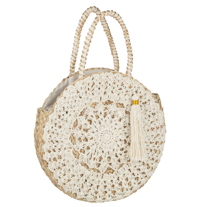 Strandtas Rond + Kwast Zeegras/Kant Nat/Wit - Tas - J-Line - livinglovely.nl