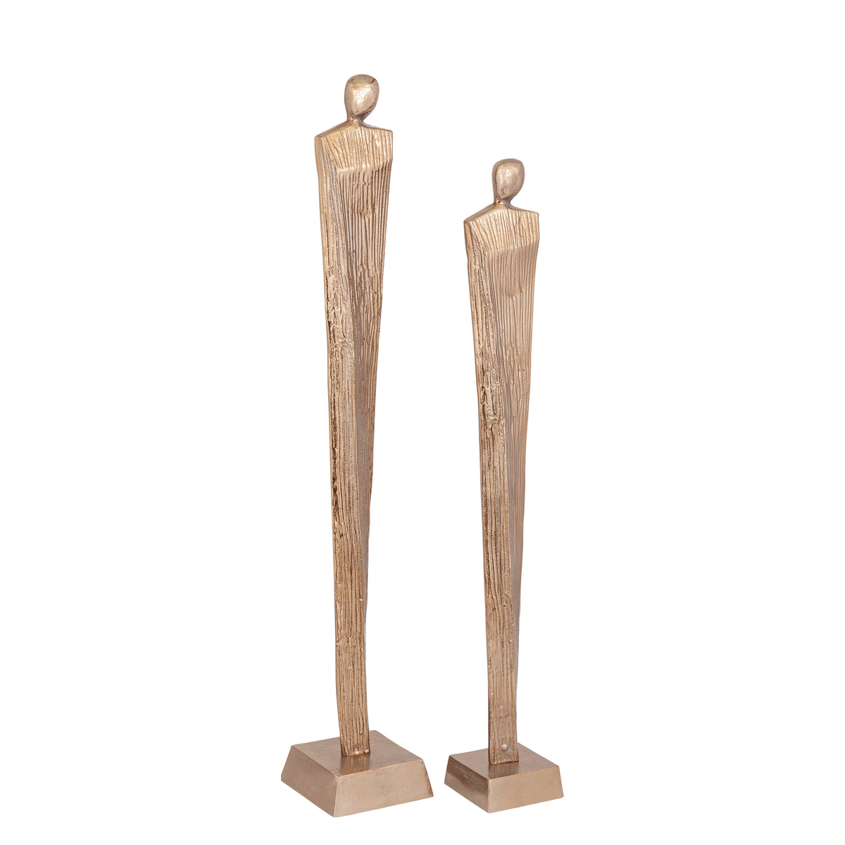 Symon BrownGold beelden van PTMD in Small en Large samen, duo van goudbruin aluminium op witte achtergrond