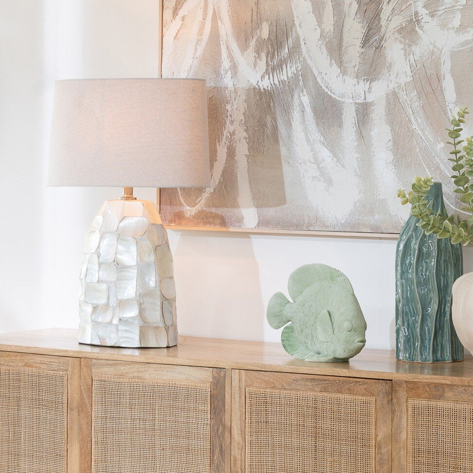 Bordlampe med perlemorseffekt, musling, knækket hvid/lysebeige, J-Line