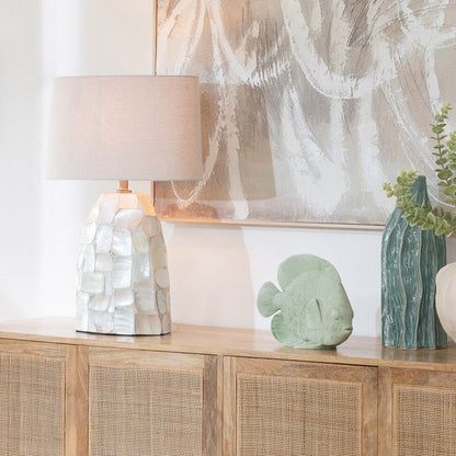 Bordlampe med perlemorseffekt, musling, knækket hvid/lysebeige, J-Line