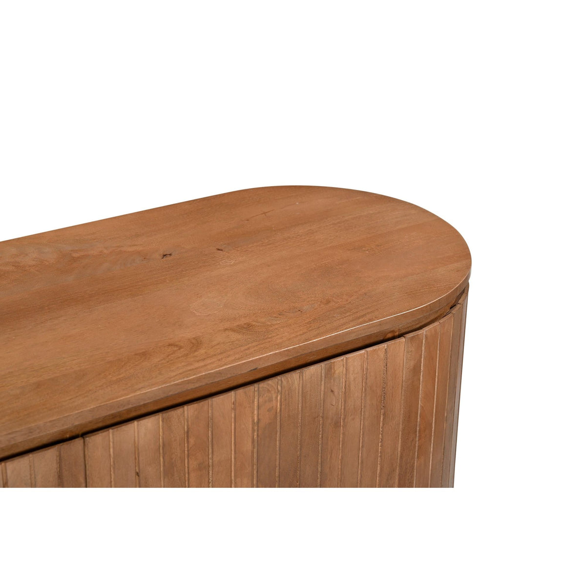 Detail van het afgeronde bovenblad en de nerf van het mangohout in Pecan