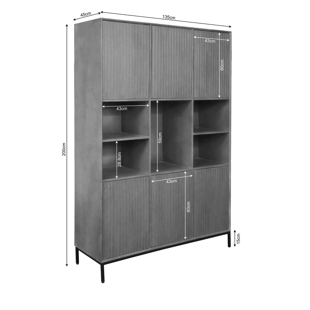 Handgemaakte zwarte vakkenkast Madison van mangohout, 135 x 45 x 200 cm