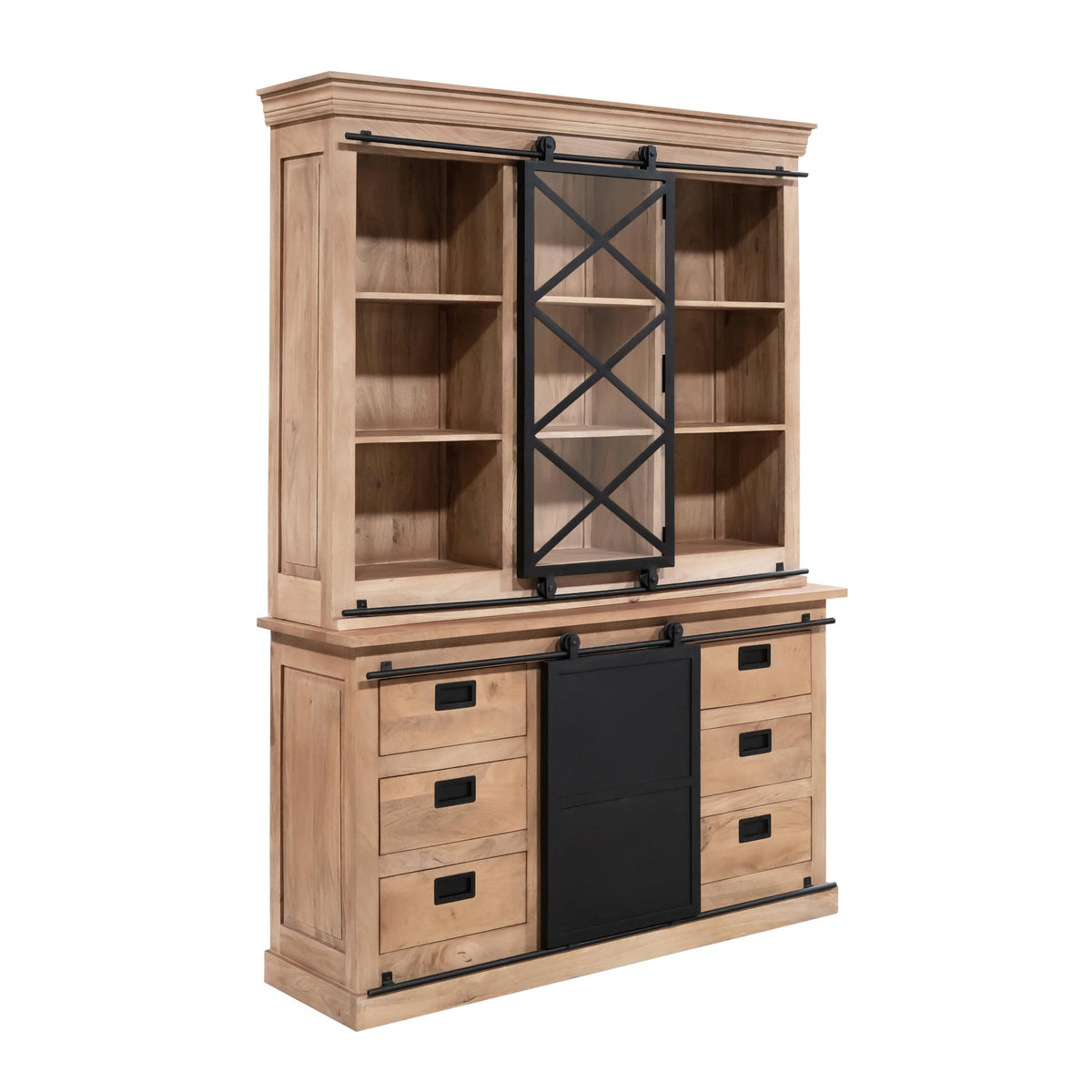 Vitrinekast Fresno van Starfurn schuin van links, met open vakken en lades