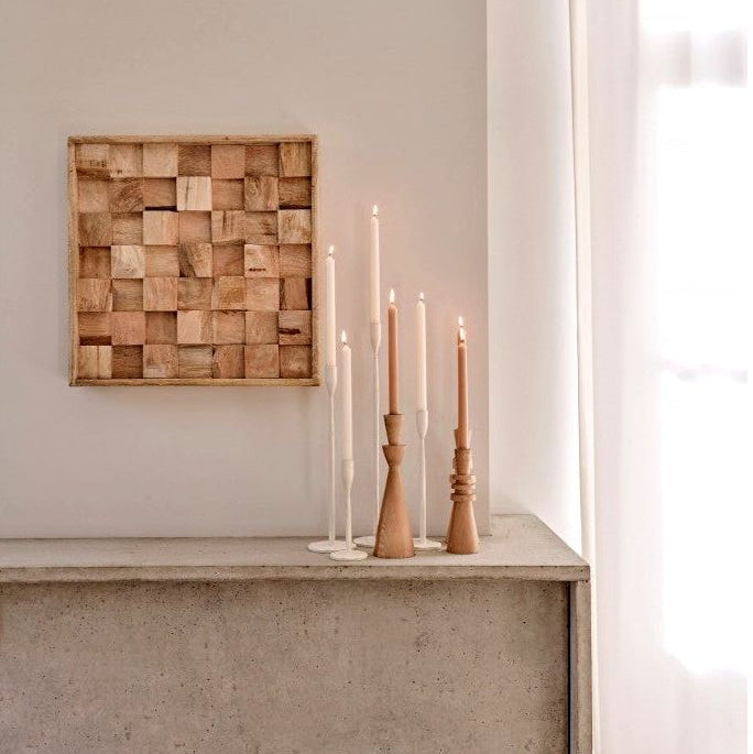 Wanddecoratie Mangga Mangohout Naturel van Pomax, vierkant wandpaneel met blokjes gerecycled mangohout in reliëf